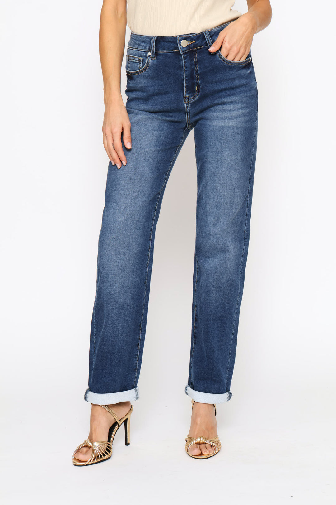 Mid Waist 5 Pocket Straight Leg Overdye Denim - Dark Wash
