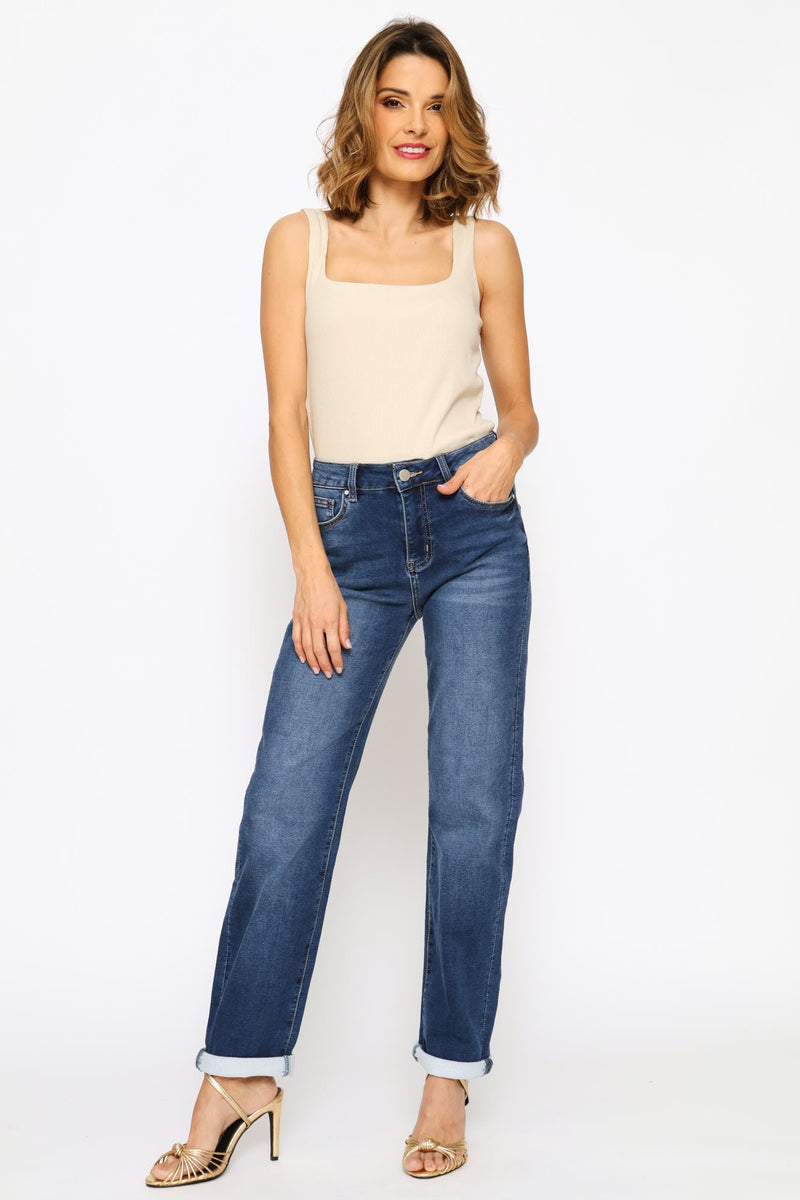 Mid Waist 5 Pocket Straight Leg Overdye Denim - Dark Wash