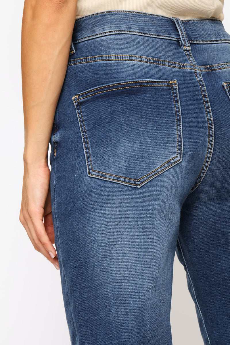 Mid Waist 5 Pocket Straight Leg Overdye Denim - Dark Wash