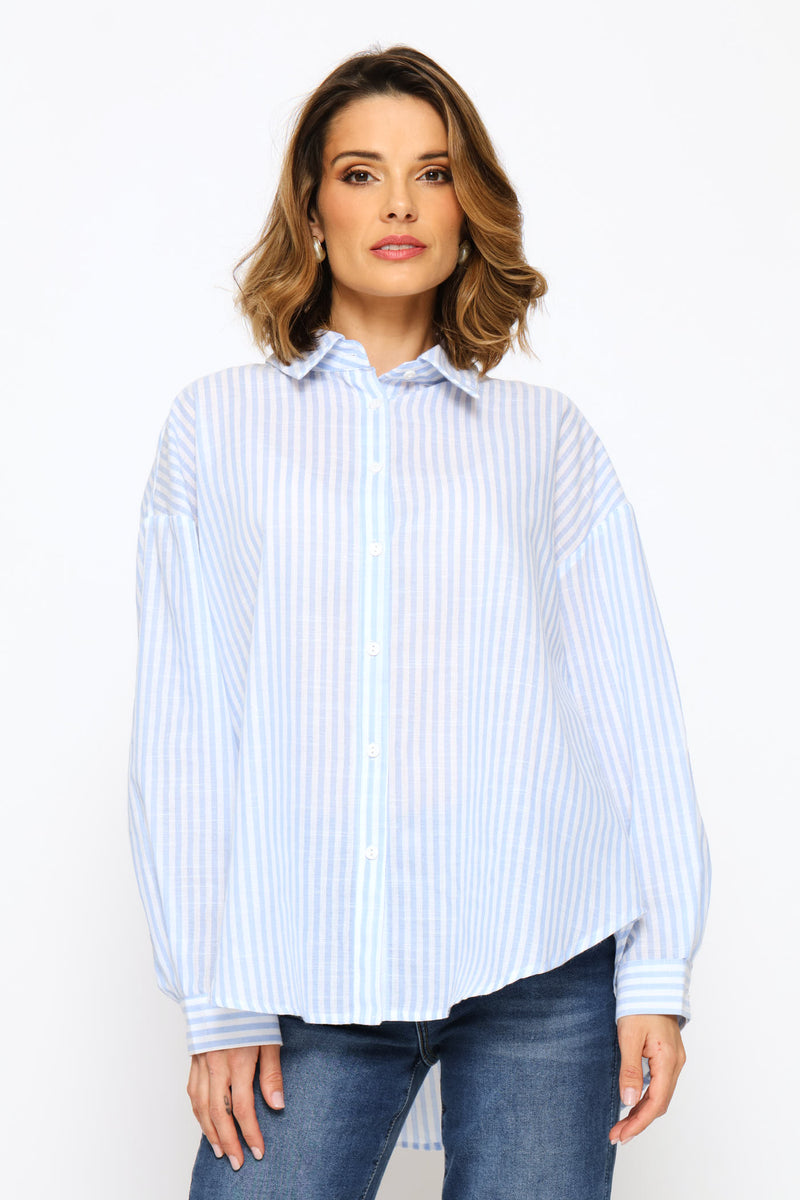 Sheer Drop Shoulder Stripe Button Through Shirt - Blue