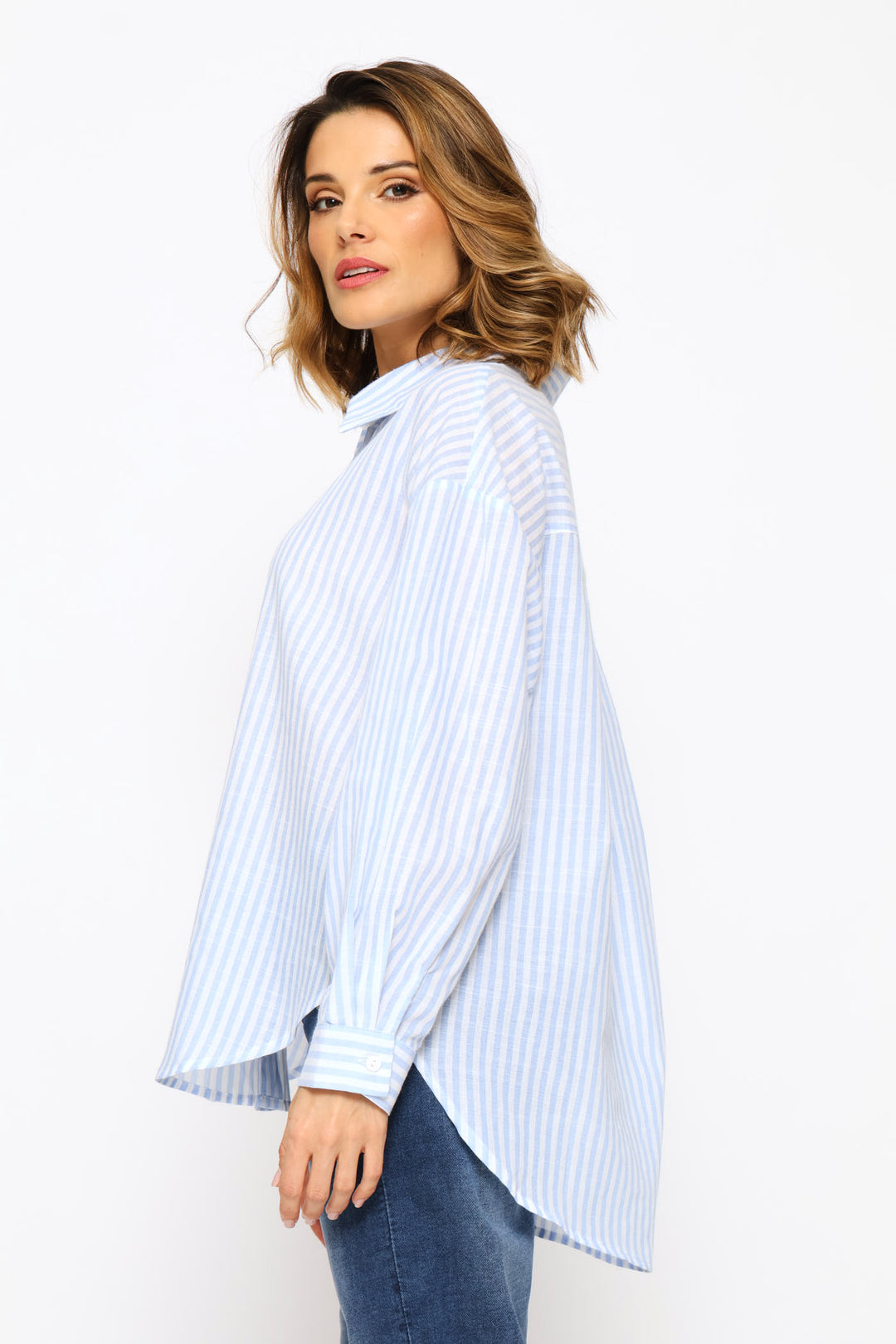 Sheer Drop Shoulder Stripe Button Through Shirt - Blue
