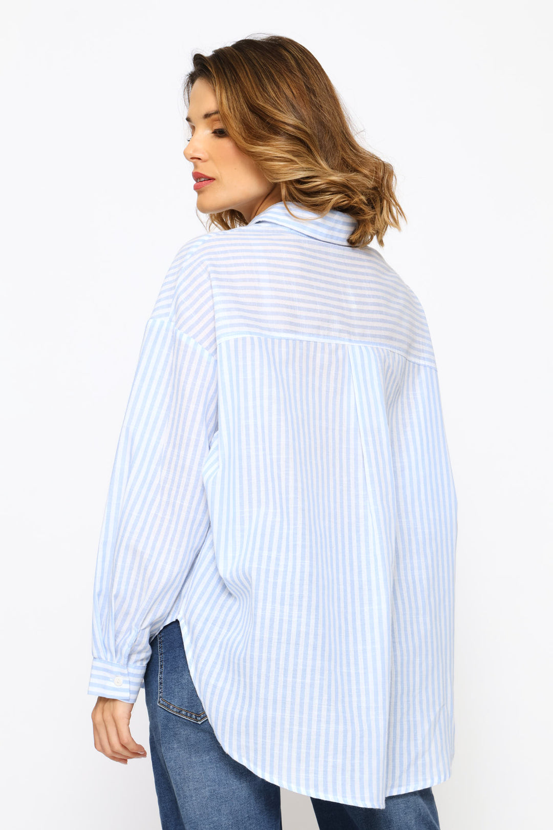 Sheer Drop Shoulder Stripe Button Through Shirt - Blue