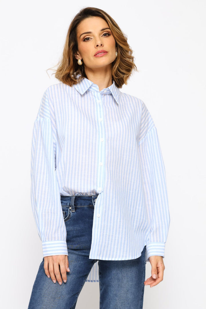 Sheer Drop Shoulder Stripe Button Through Shirt - Blue