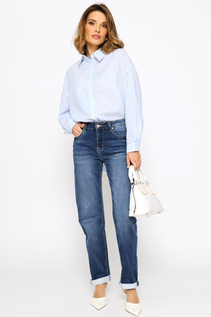 Sheer Drop Shoulder Stripe Button Through Shirt - Blue