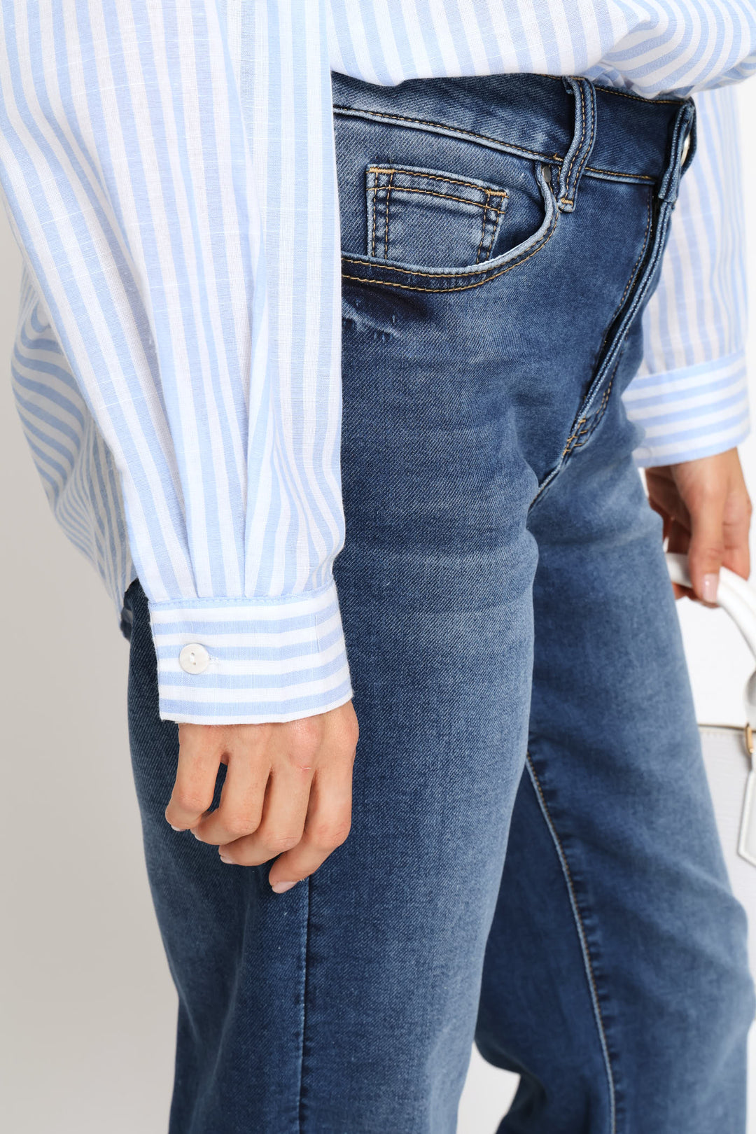 Sheer Drop Shoulder Stripe Button Through Shirt - Blue