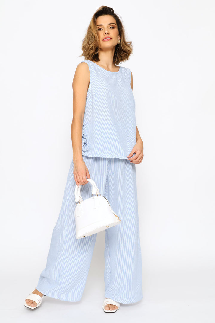 Pinstripe Side Ties Shell Tank - White/Light Blue
