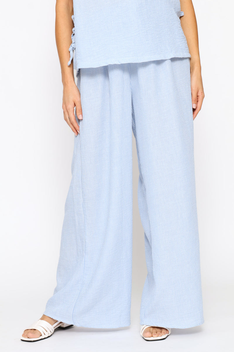 Pull On Linen Blend Wide Leg Pant - White/Light Blue
