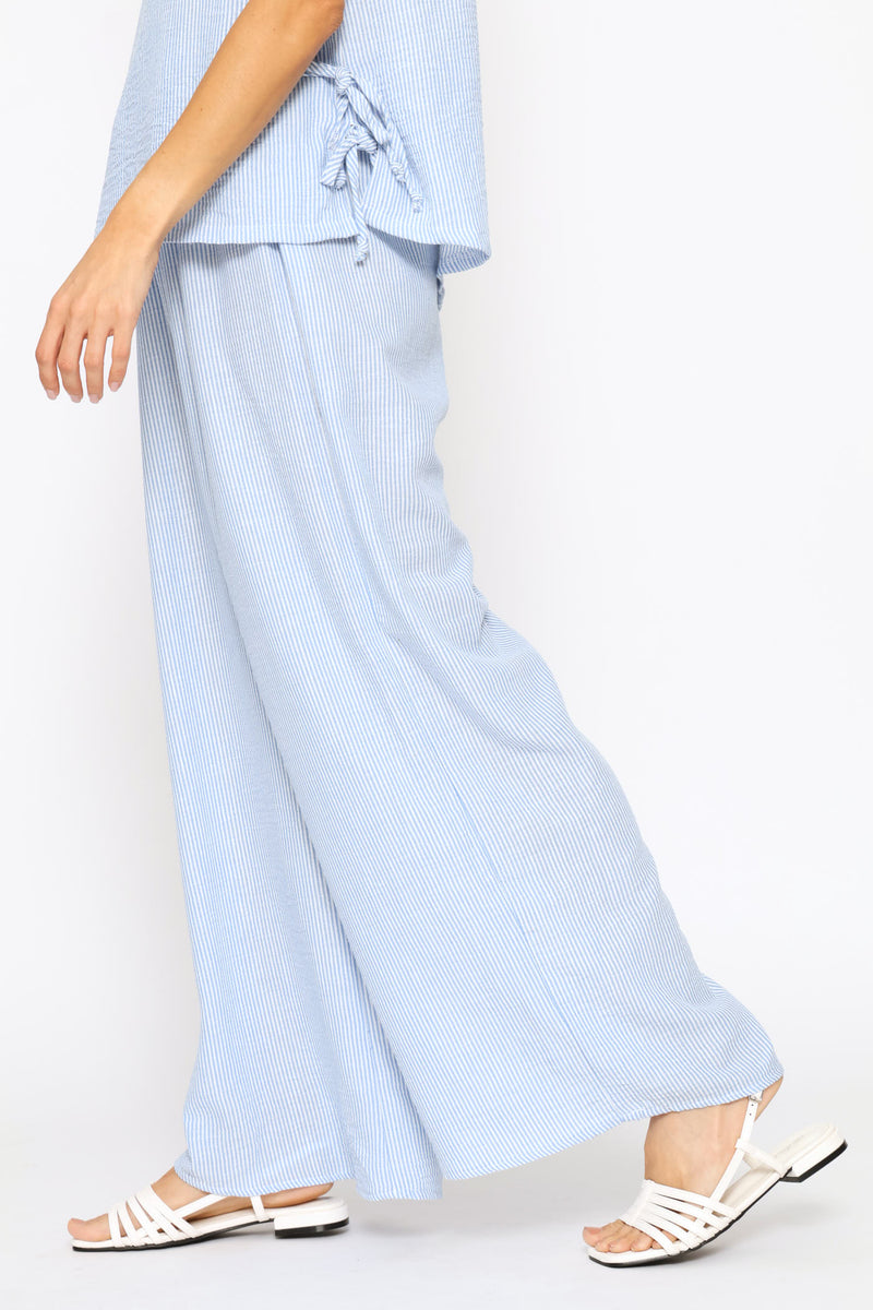 Pull On Linen Blend Wide Leg Pant - White/Light Blue
