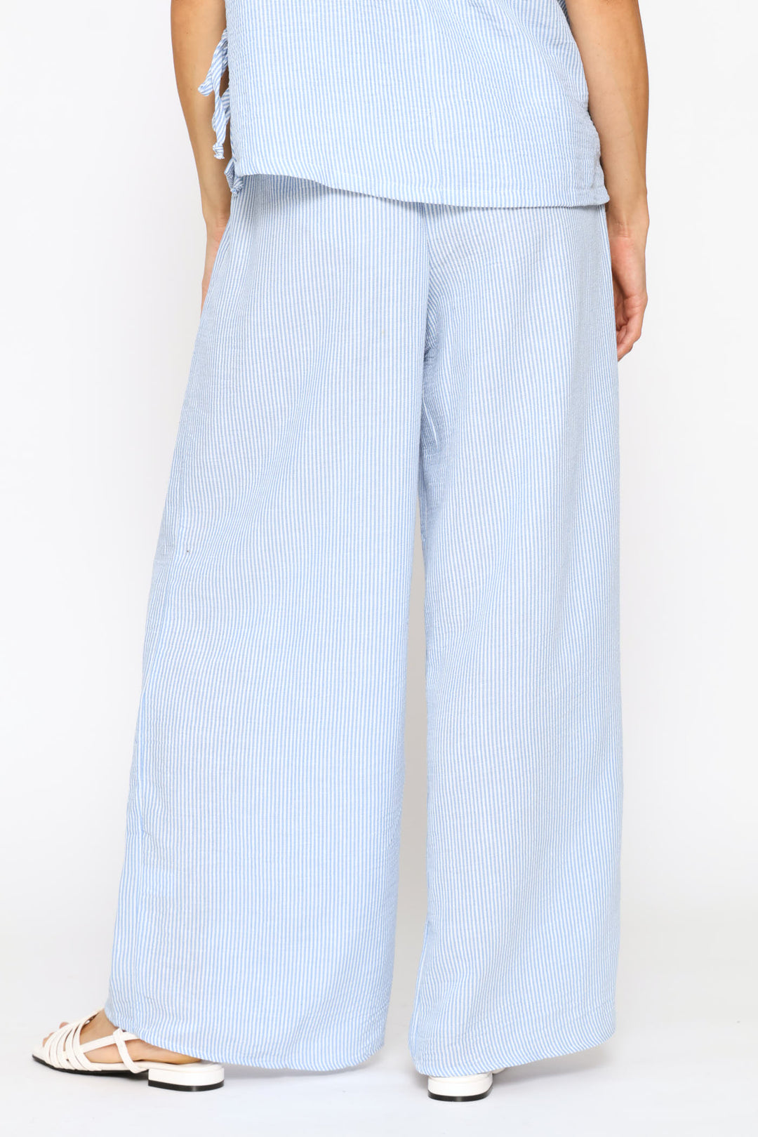 Pull On Linen Blend Wide Leg Pant - White/Light Blue
