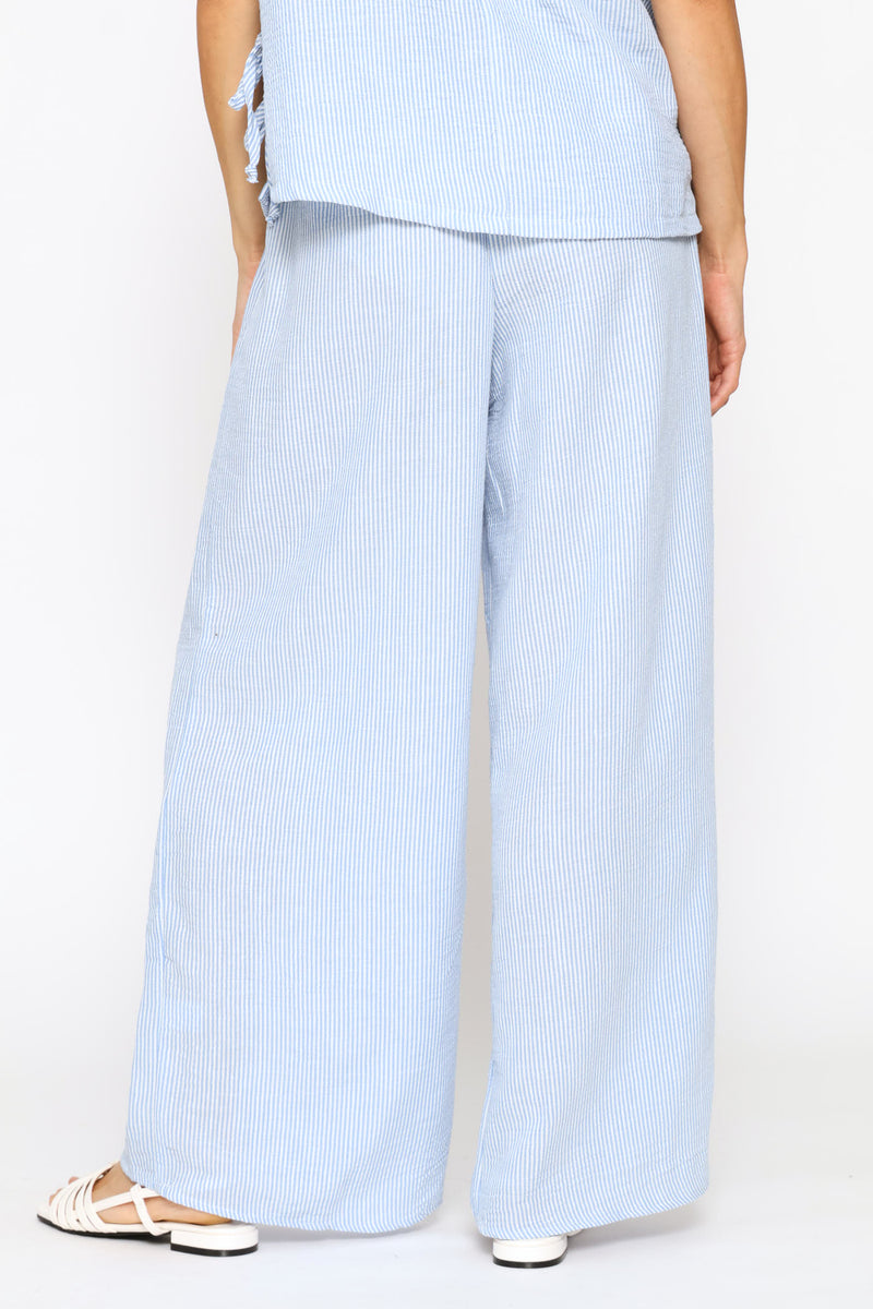 Pull On Linen Blend Wide Leg Pant - White/Light Blue