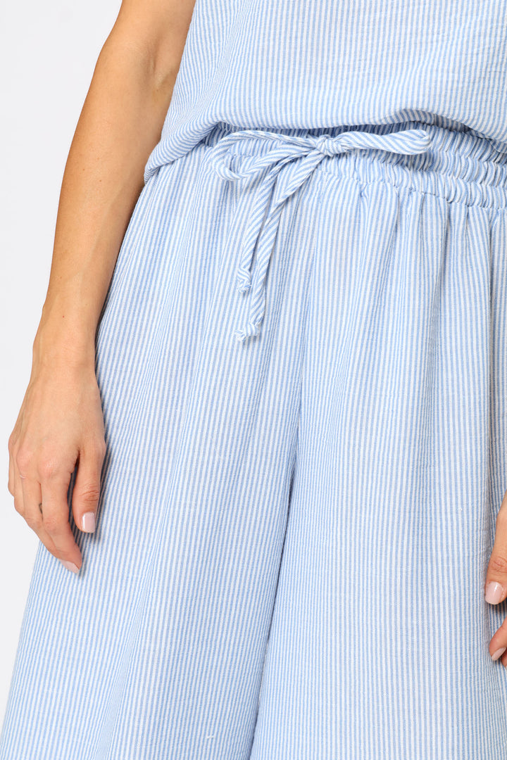 Pull On Linen Blend Wide Leg Pant - White/Light Blue