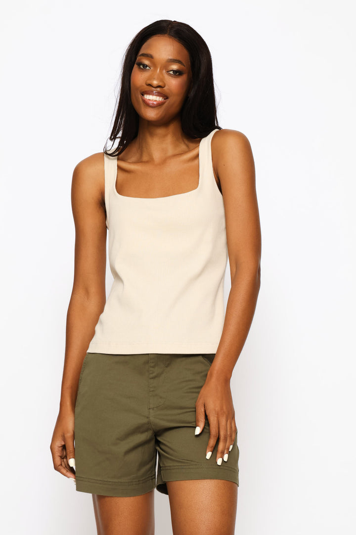 Square Neck Rib Tank Top - Oatmeal