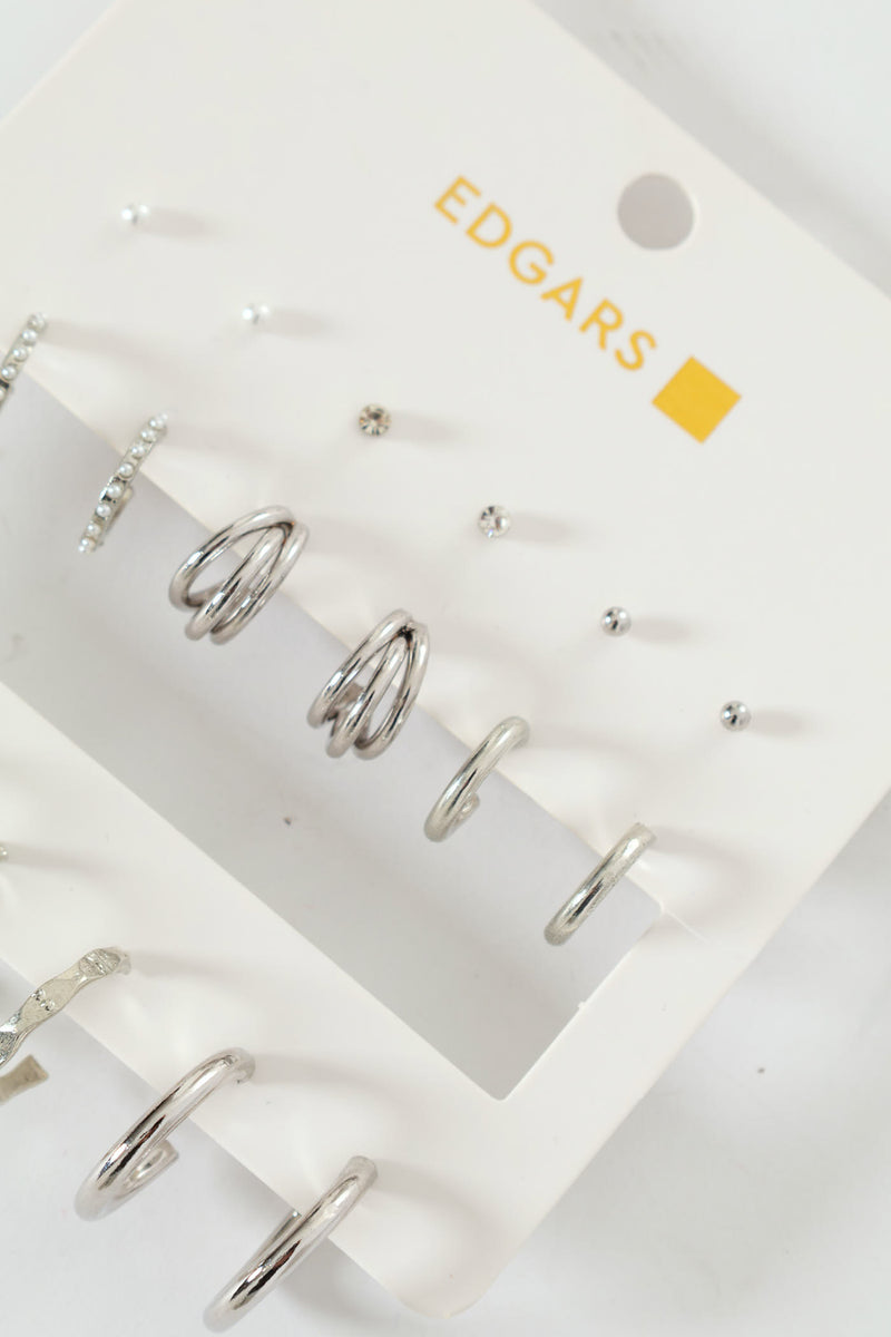 9 Pack Studs, Diamante & Twisted Hoop Earrings - Silver