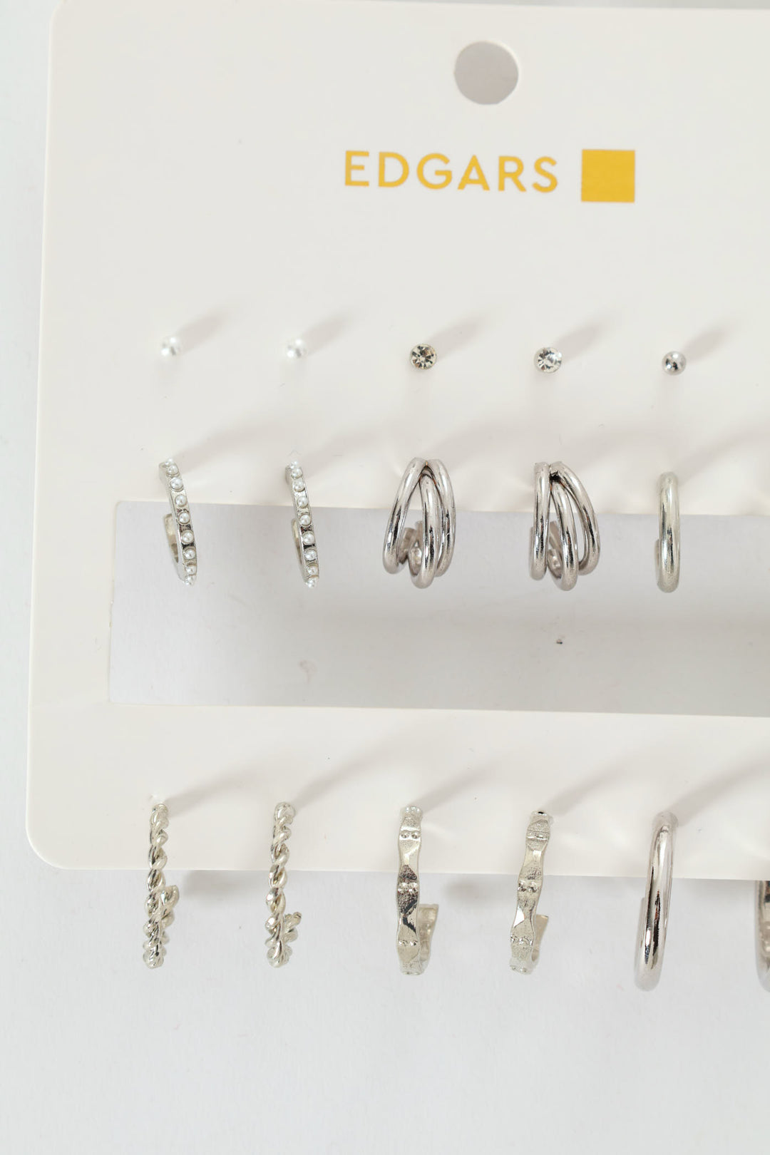 9 Pack Studs, Diamante & Twisted Hoop Earrings - Silver