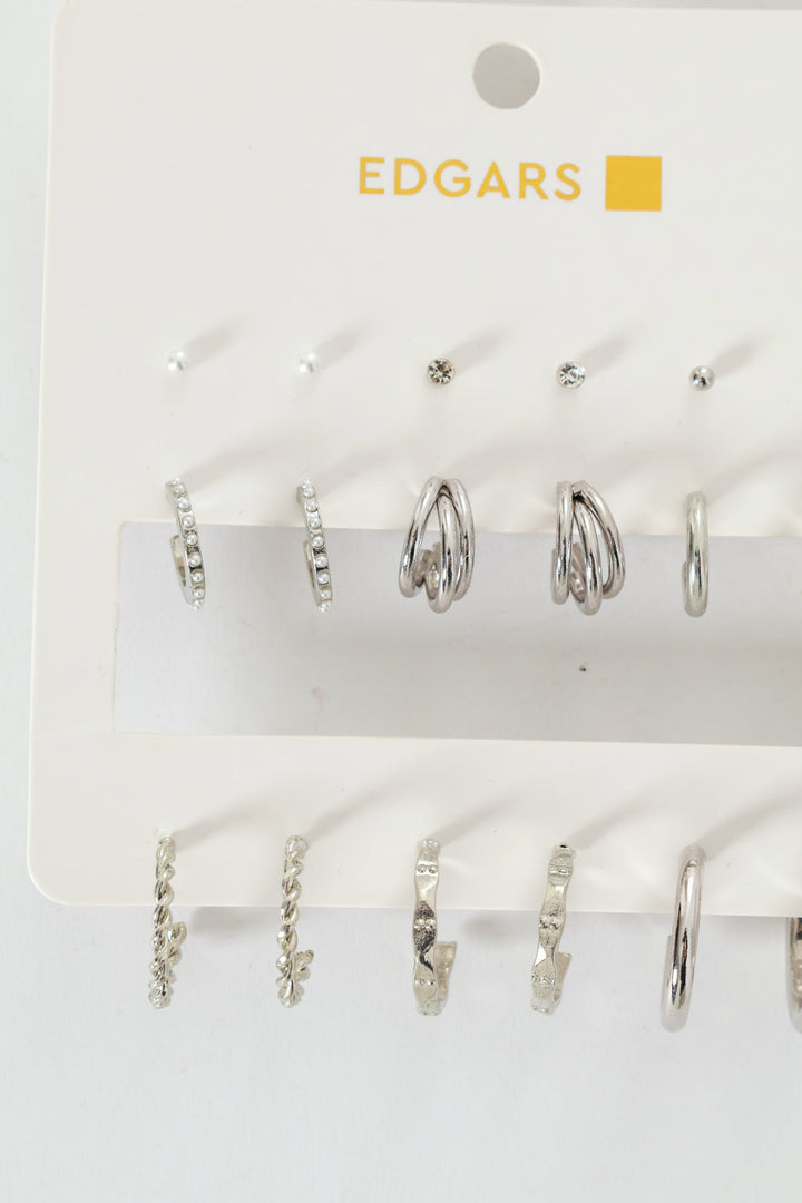 9 Pack Studs, Diamante & Twisted Hoop Earrings - Silver