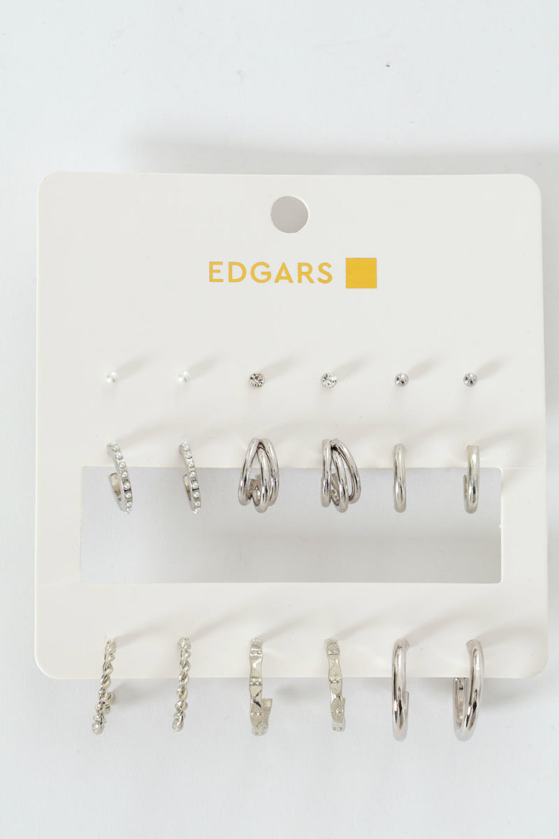 9 Pack Studs, Diamante & Twisted Hoop Earrings - Silver
