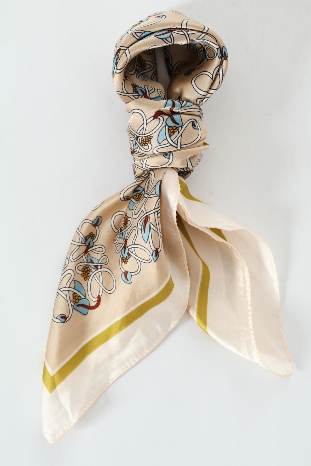 Geo Floral Boarder Print Satin Feel Scarf - Cream