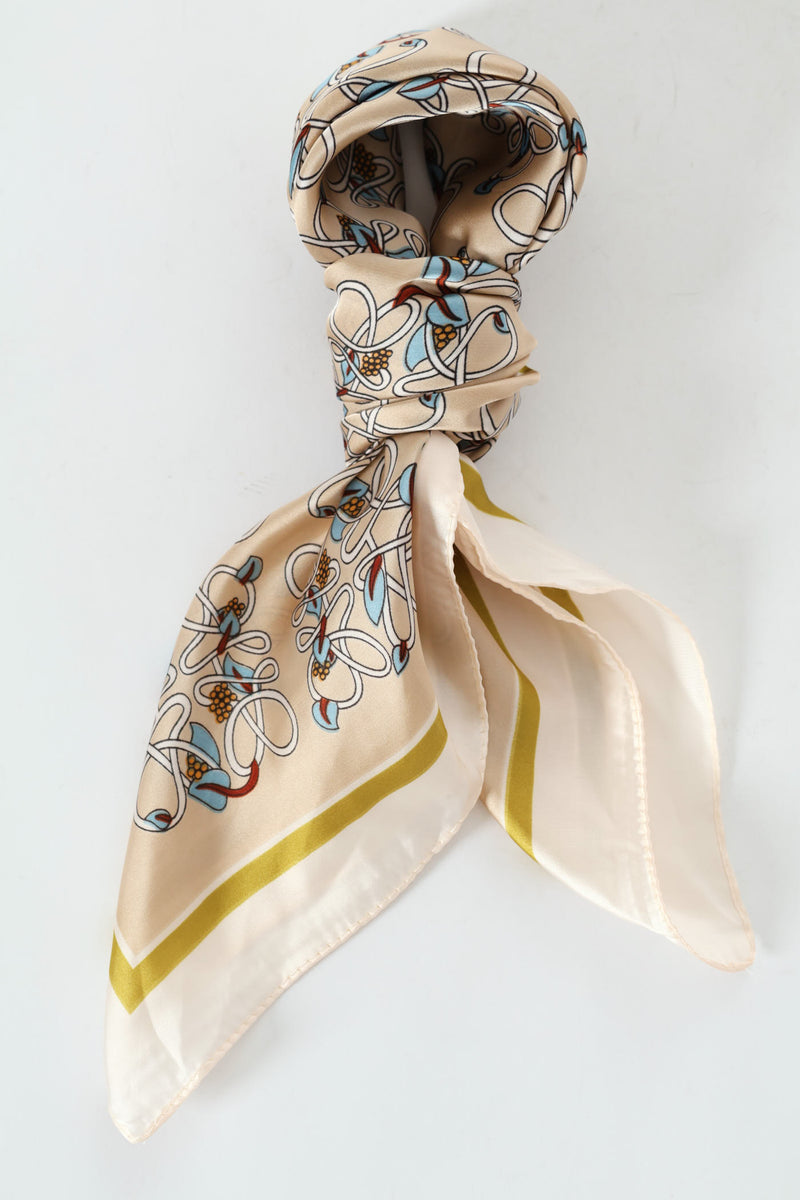 Geo Floral Boarder Print Satin Feel Scarf - Cream