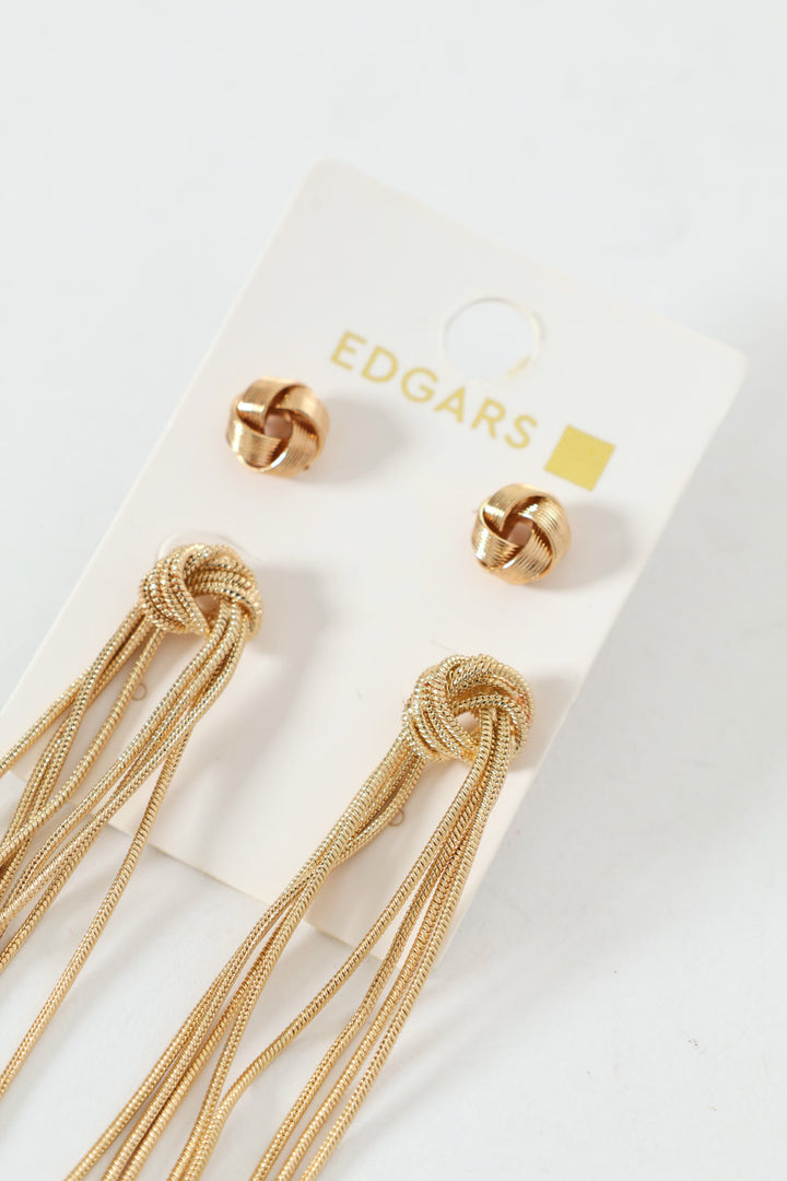 2 Pack Knot Stud & Tassel Earrings - Gold