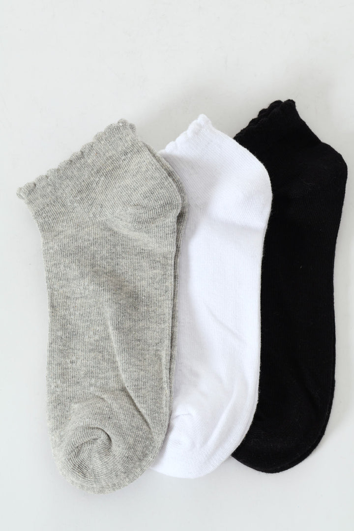 3 Pack Low Cut Pointelle Socks - White/Grey/Black