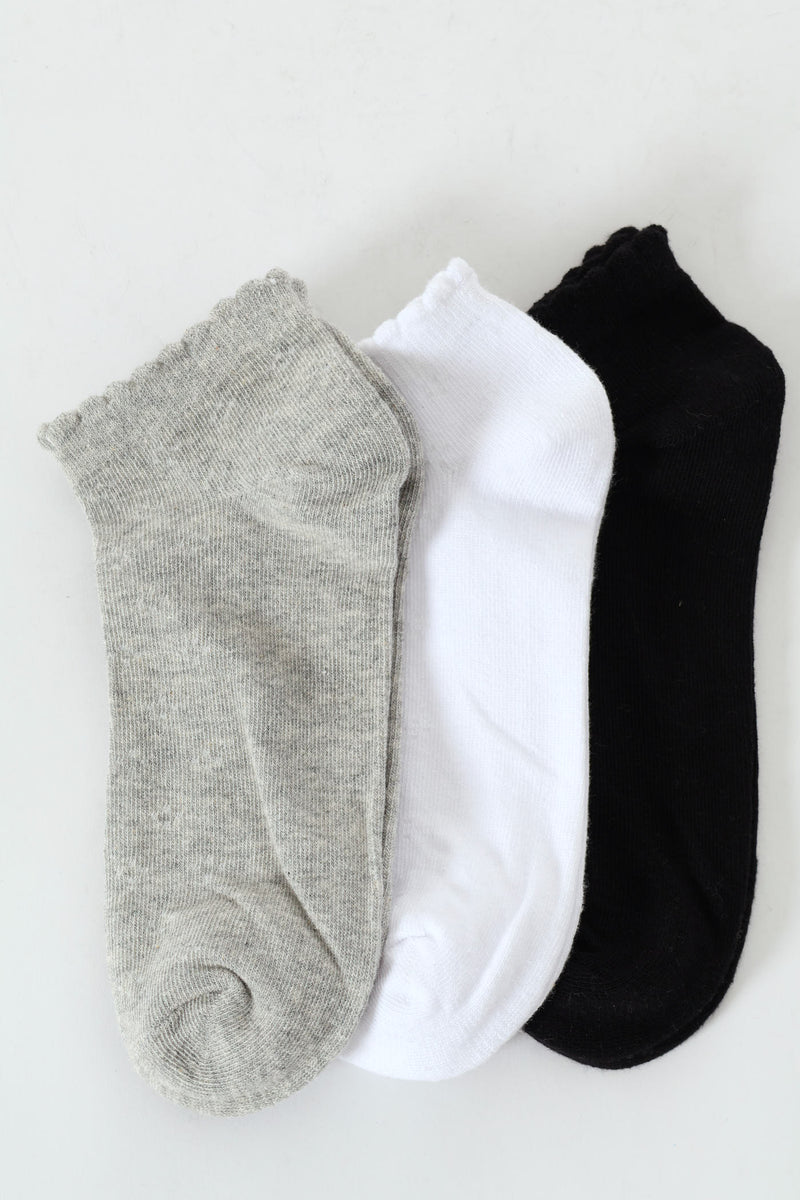 3 Pack Low Cut Pointelle Socks - White/Grey/Black