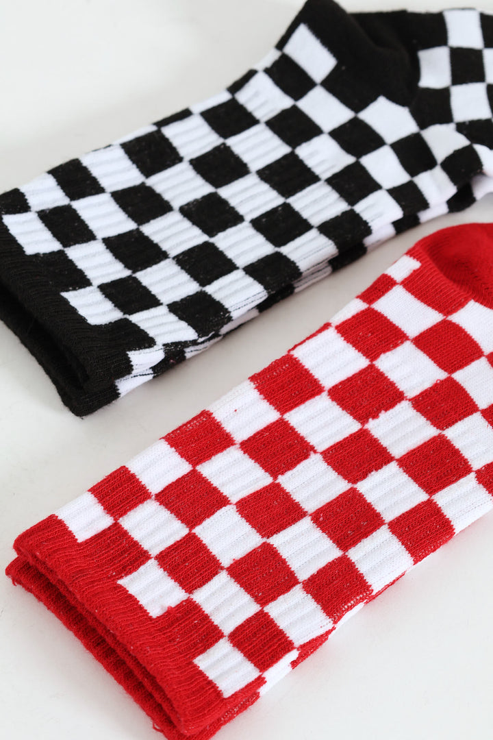 Boys 2 Pack Check Anklet Socks - Red/Black