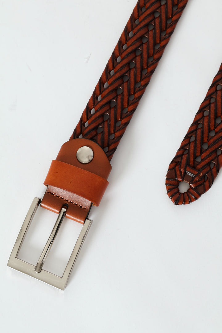 Woven Leather Belt - Brown