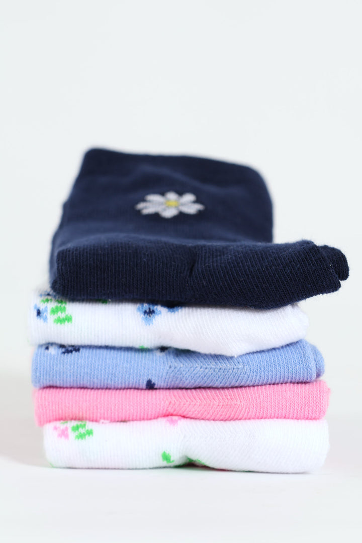 5 Pack Floral Ankle Socks - White/Blue