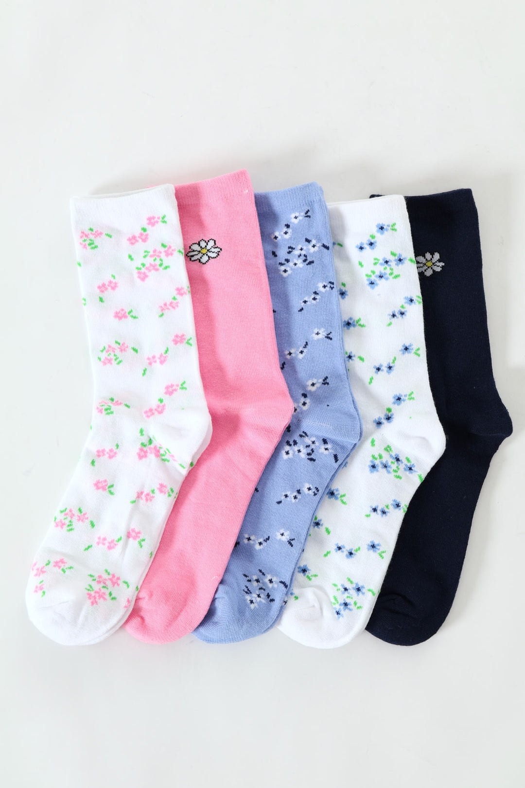5 Pack Floral Ankle Socks - White/Blue