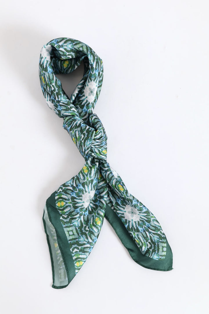 Floral Border Satin Feel Scarf - Green