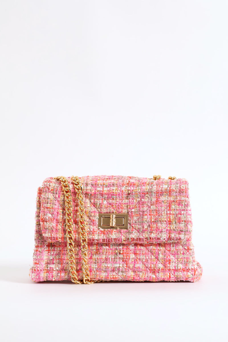 Gold Clasp Quilt Tweed Satchel - Pink