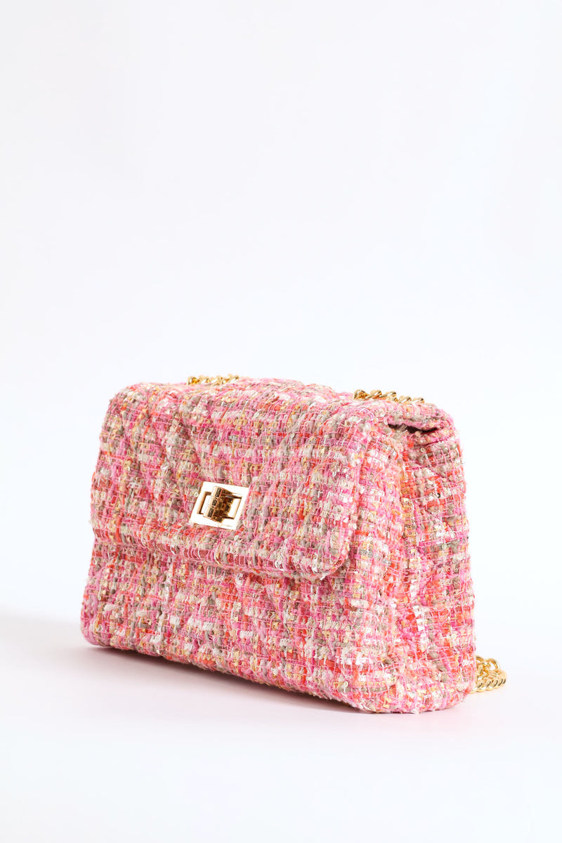 Gold Clasp Quilt Tweed Satchel - Pink