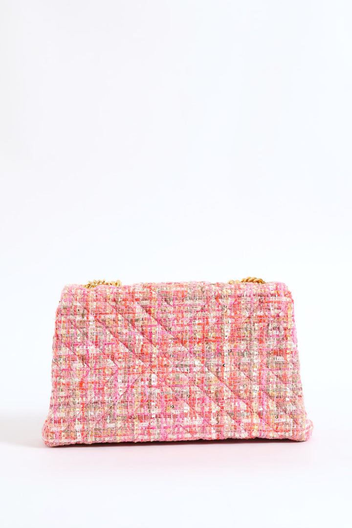 Gold Clasp Quilt Tweed Satchel - Pink