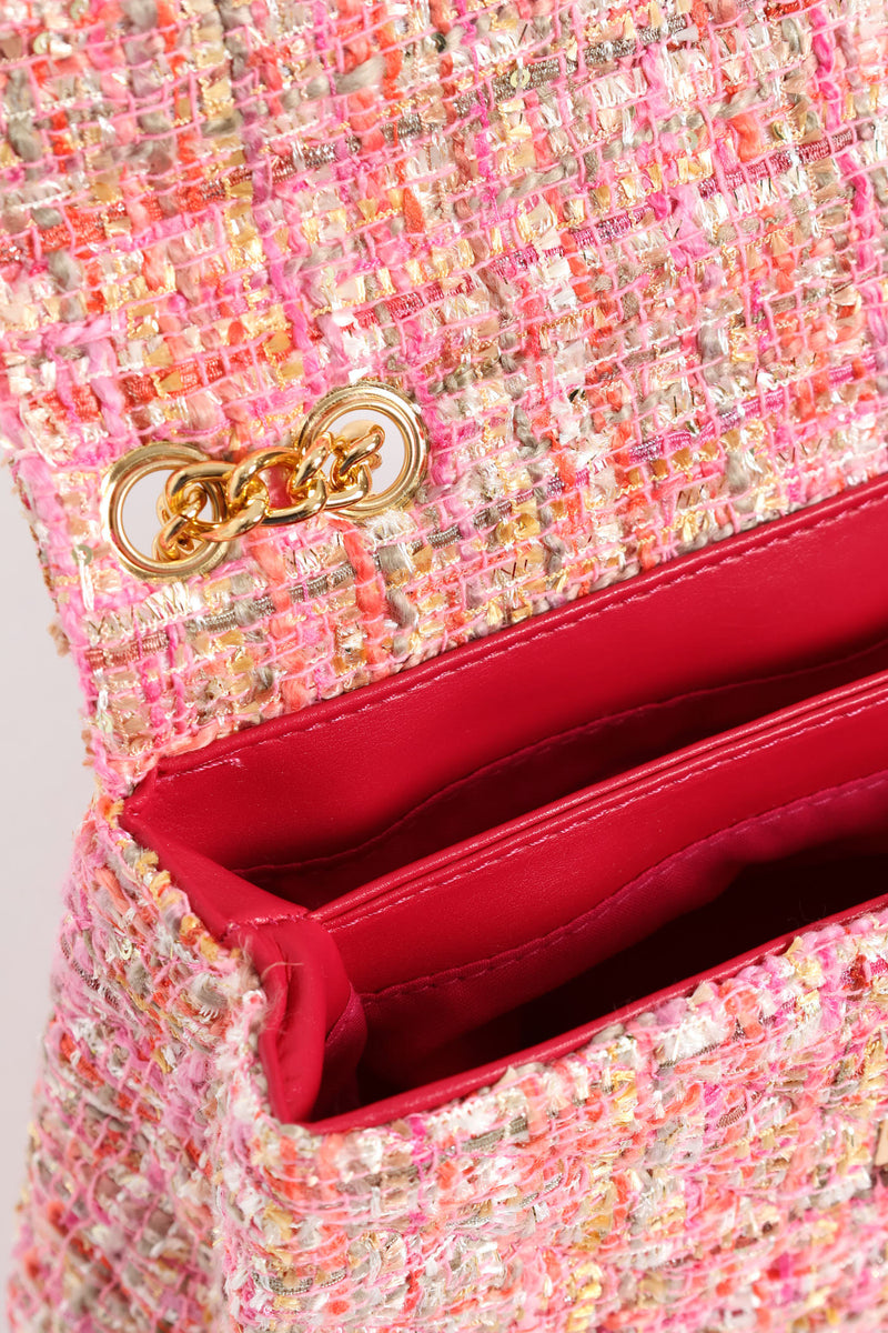 Gold Clasp Quilt Tweed Satchel - Pink