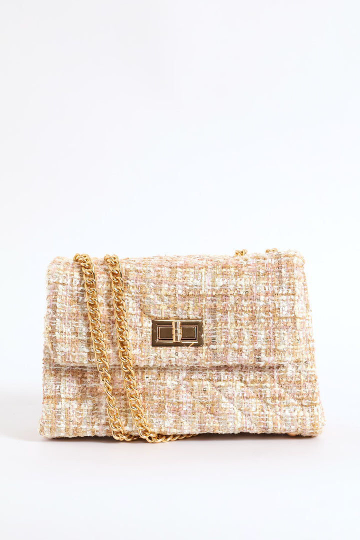 Gold Clasp Tweed Quilt Satchel Bag - Taupe