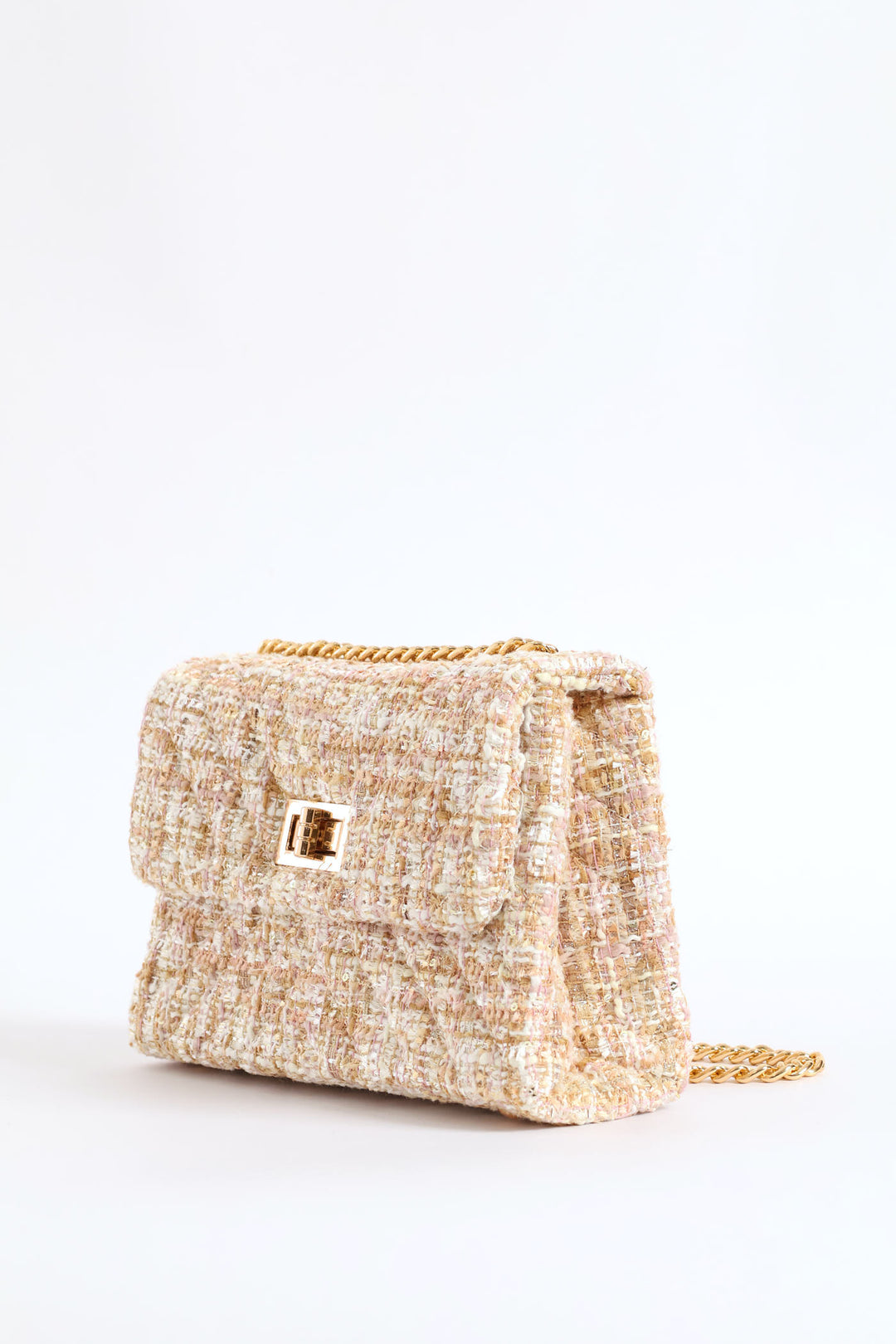 Gold Clasp Tweed Quilt Satchel Bag - Taupe