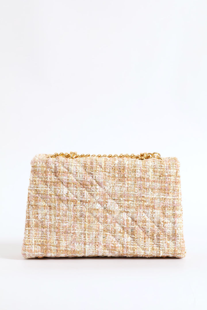Gold Clasp Tweed Quilt Satchel Bag - Taupe