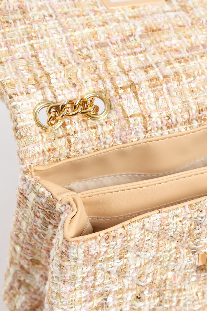 Gold Clasp Tweed Quilt Satchel Bag - Taupe