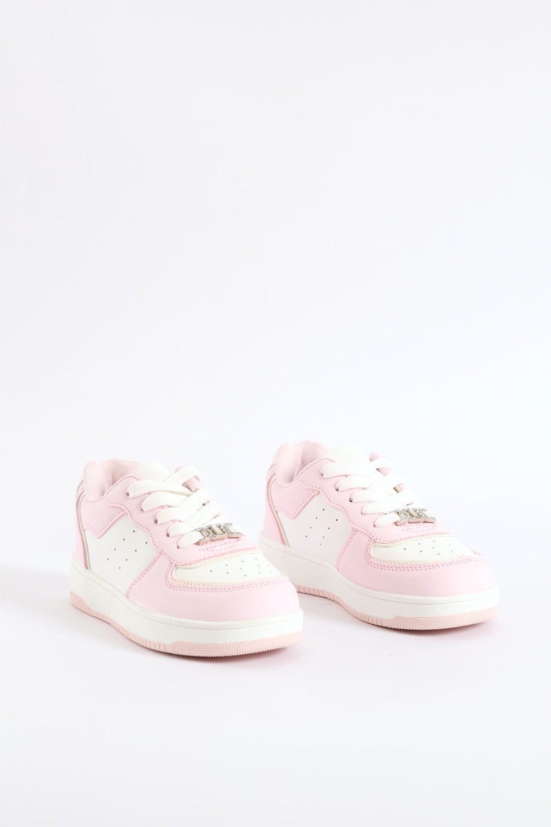 Girls Jewelled Court Sneaker - Pink/White