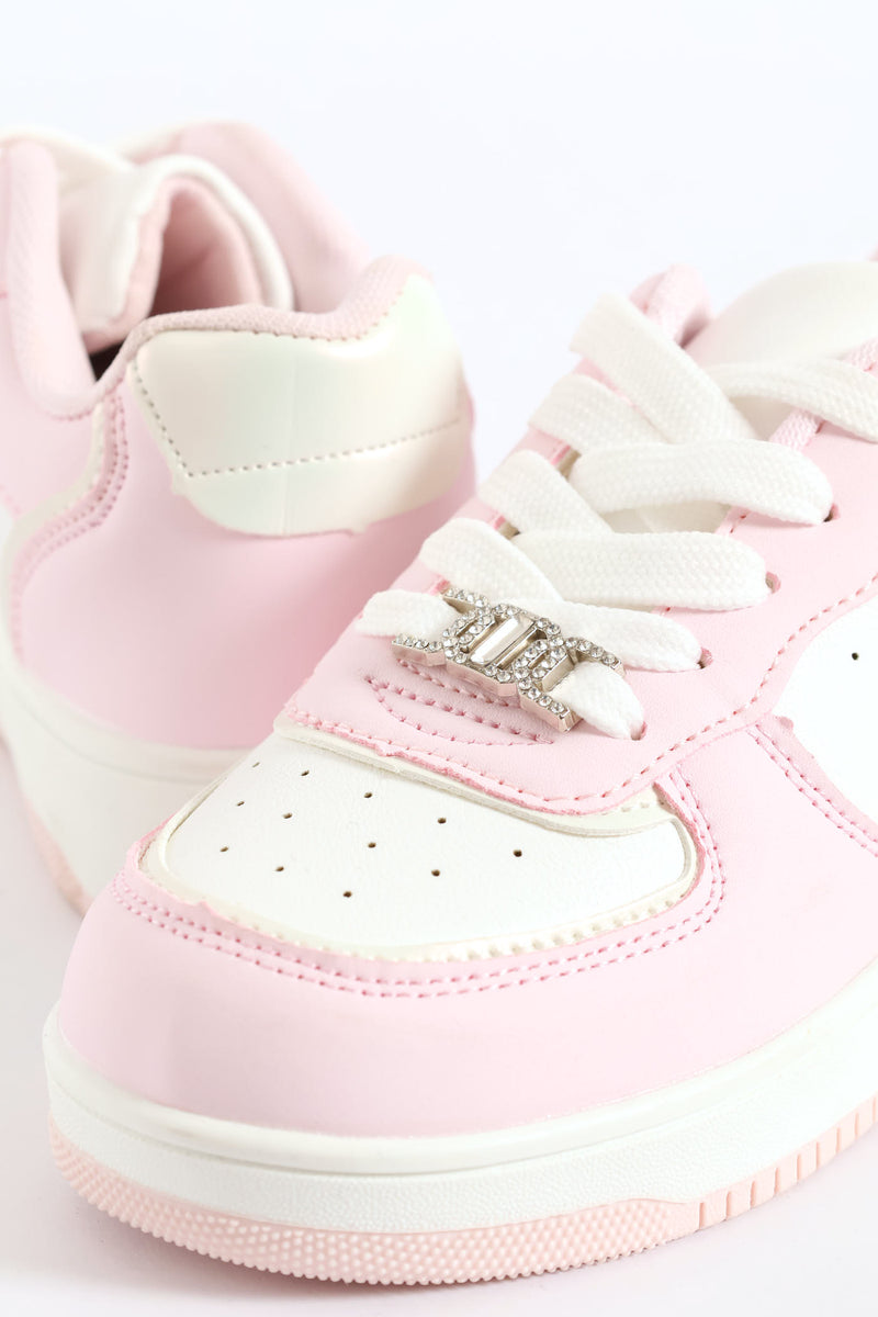 Girls Jewelled Court Sneaker - Pink/White