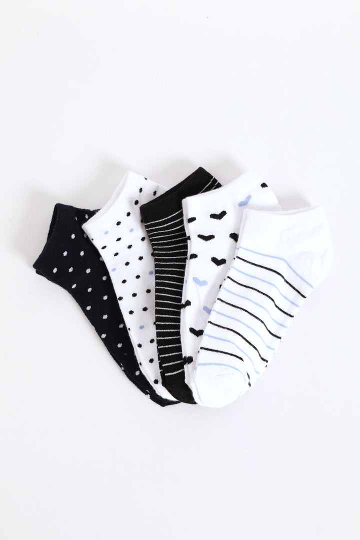 5 Pack Hearts & Spots Low Cut Fashion Socks - White/Navy