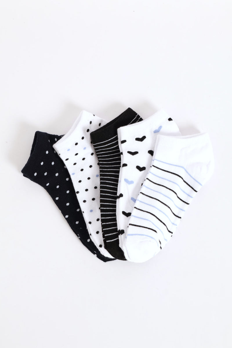 5 Pack Hearts & Spots Low Cut Fashion Socks - White/Navy
