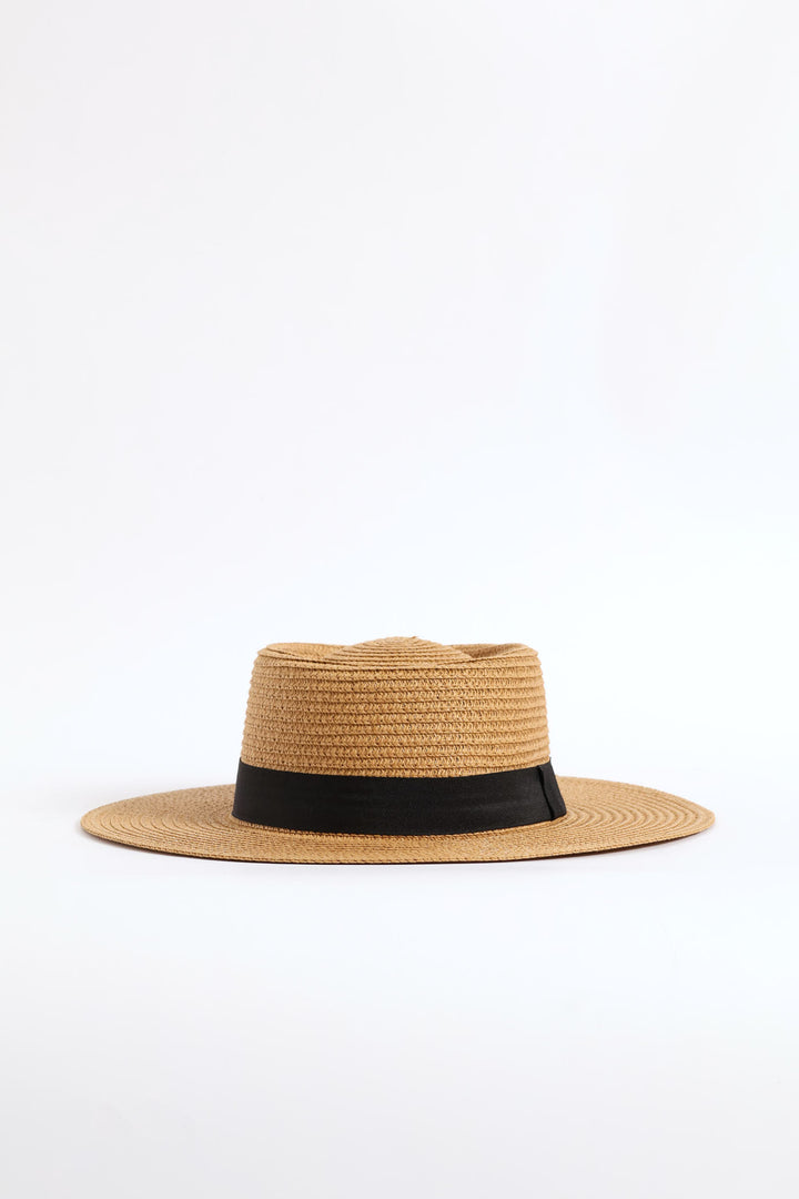 Black Ribbon Boater Hat - Tan