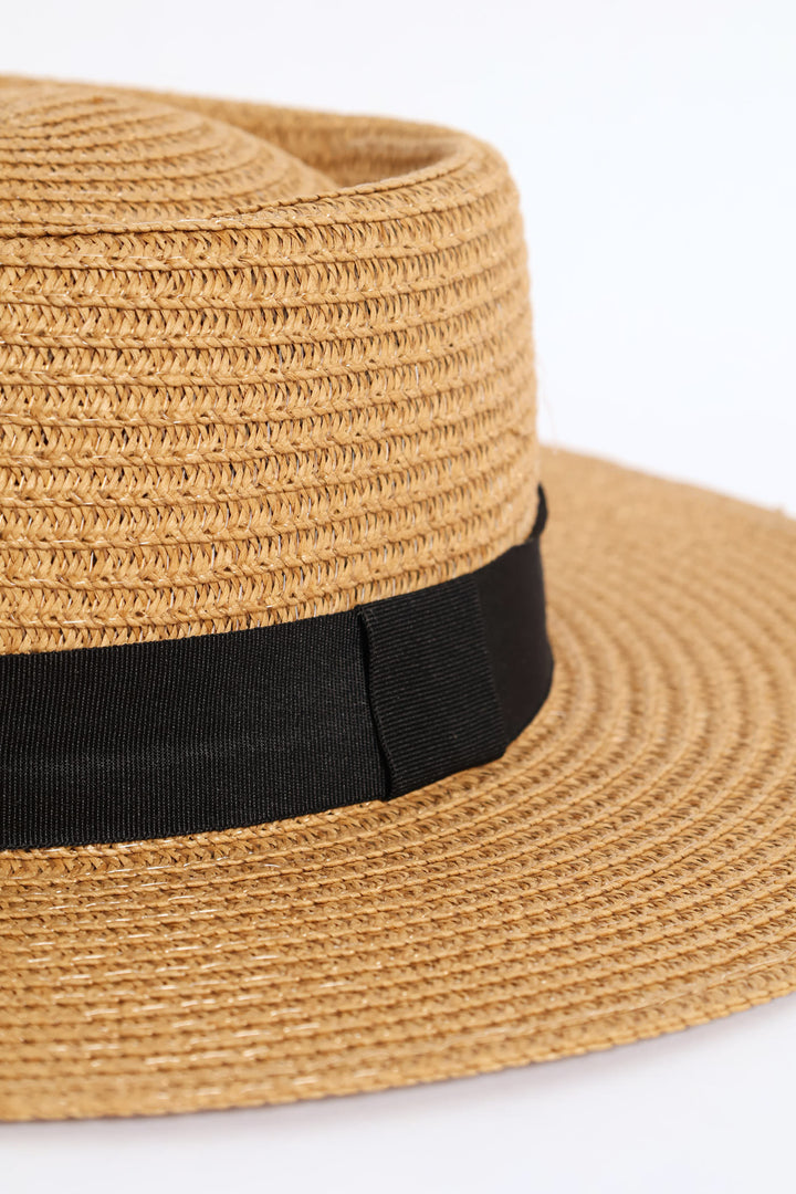 Black Ribbon Boater Hat - Tan