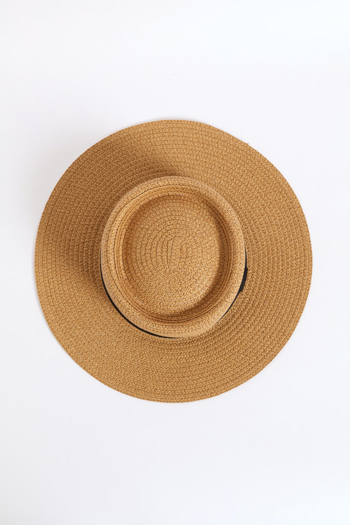 Black Ribbon Boater Hat - Tan
