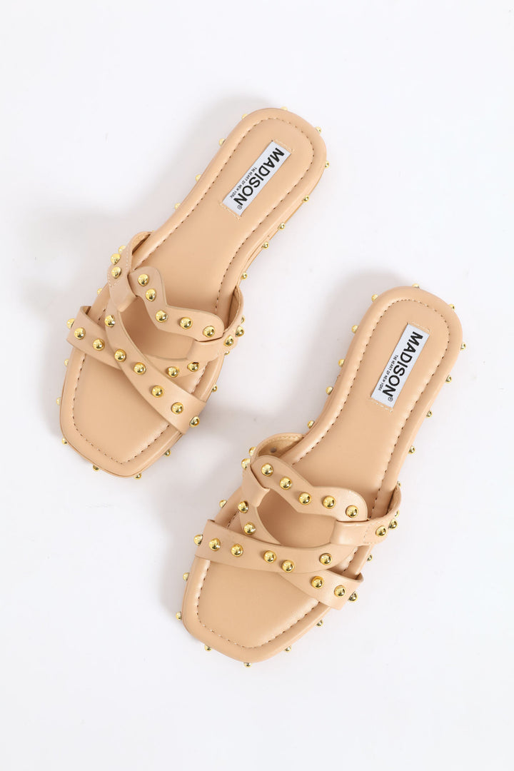 Studded Cross Strap Sandal - Nude