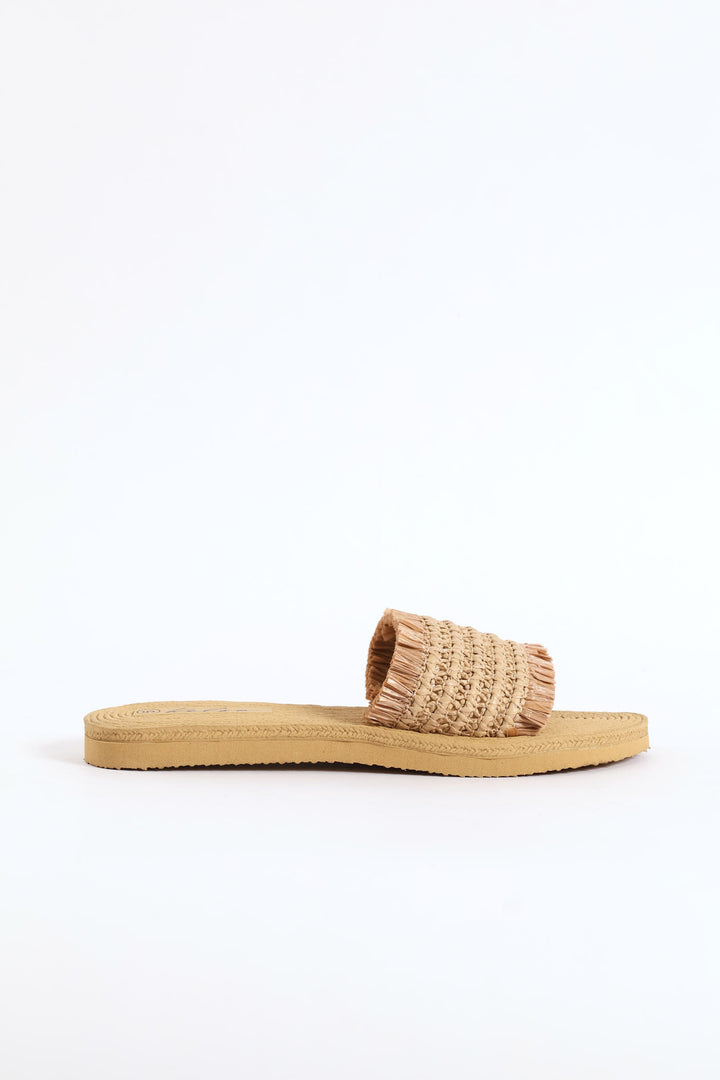 Fringe Detail Raffia Mule Sandal - Natural