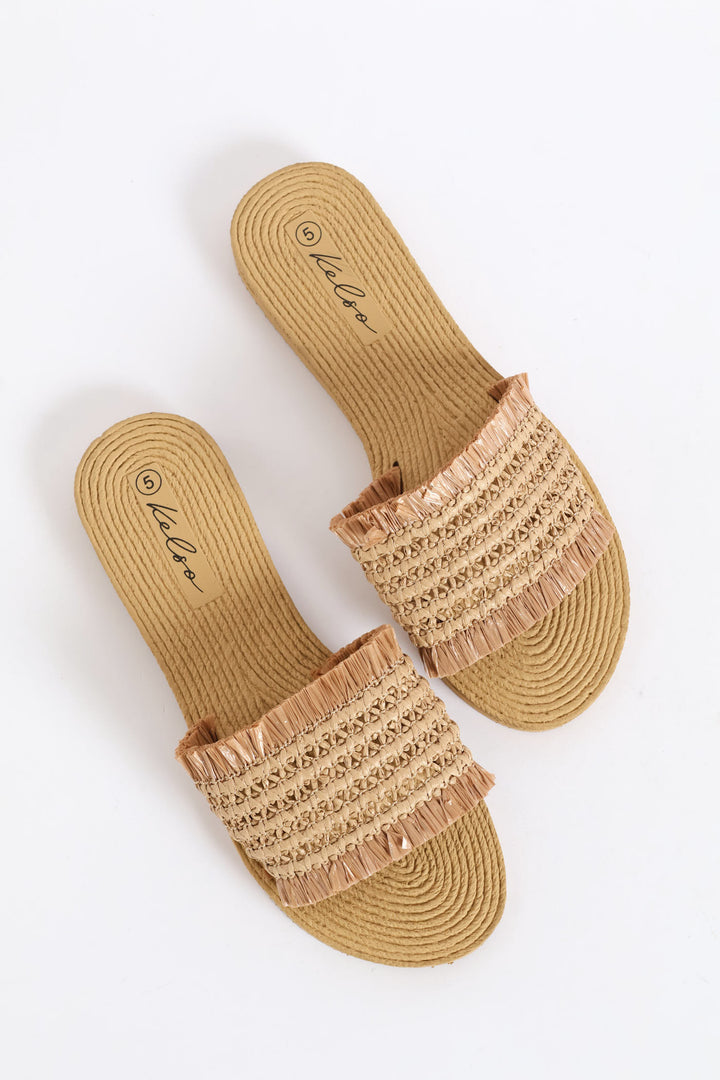 Fringe Detail Raffia Mule Sandal - Natural