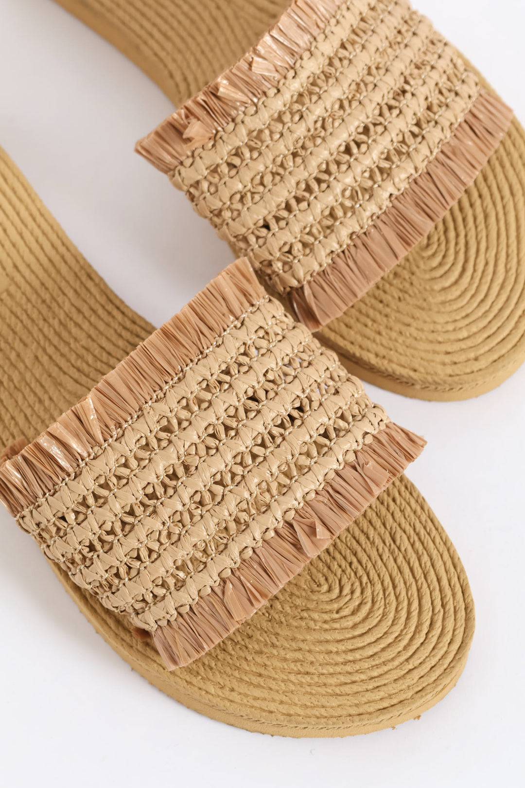 Fringe Detail Raffia Mule Sandal - Natural