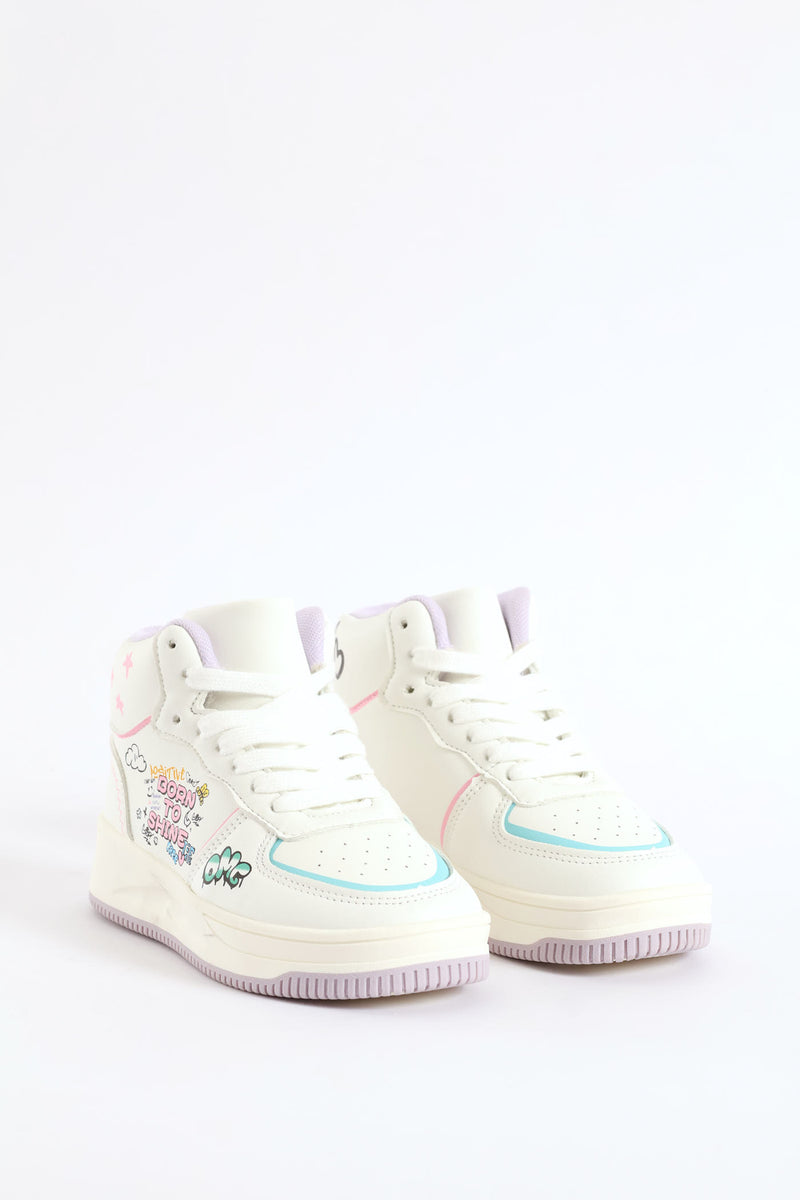 Girls Slogan Hitop Sneaker - White